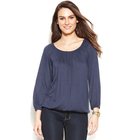 michael kors navy blue top with bell sleeves|Michael Kors Navy Blue long sleeve with bell pattern .